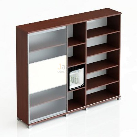 Кабинет руководителя Офисный шкаф для документов с раздвижной дверью со стеклянными и кожной вставками 280